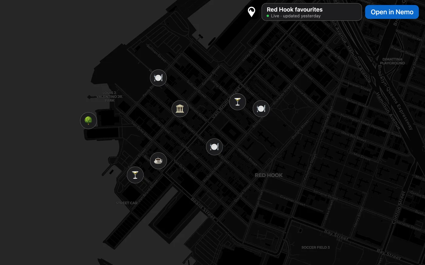 A shared map called Red Hook favourites open in a web browser: emoji markers on a dark map of Red Hook, a Live badge, and an Open in Nemo button