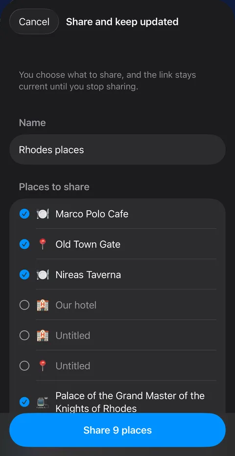 The share sheet in the app: a checklist of places with Marco Polo Cafe, Old Town Gate and Nireas Taverna ticked, and a Share 9 places button