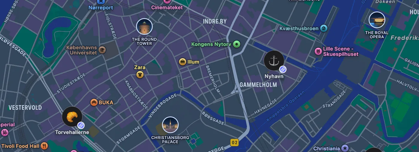 A followed map of Copenhagen on an iPad, on top of your own places: The Round Tower, Nyhavn, Torvehallerne and the Royal Opera, each with a small link badge