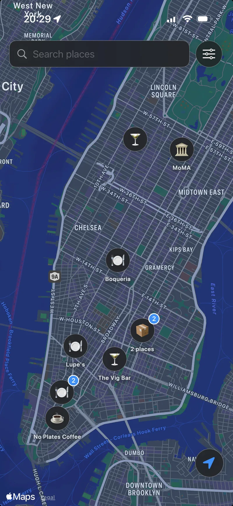 Nemo on an iPhone: a map of Manhattan with the user's places marked by emoji, a cocktail, a museum, a coffee