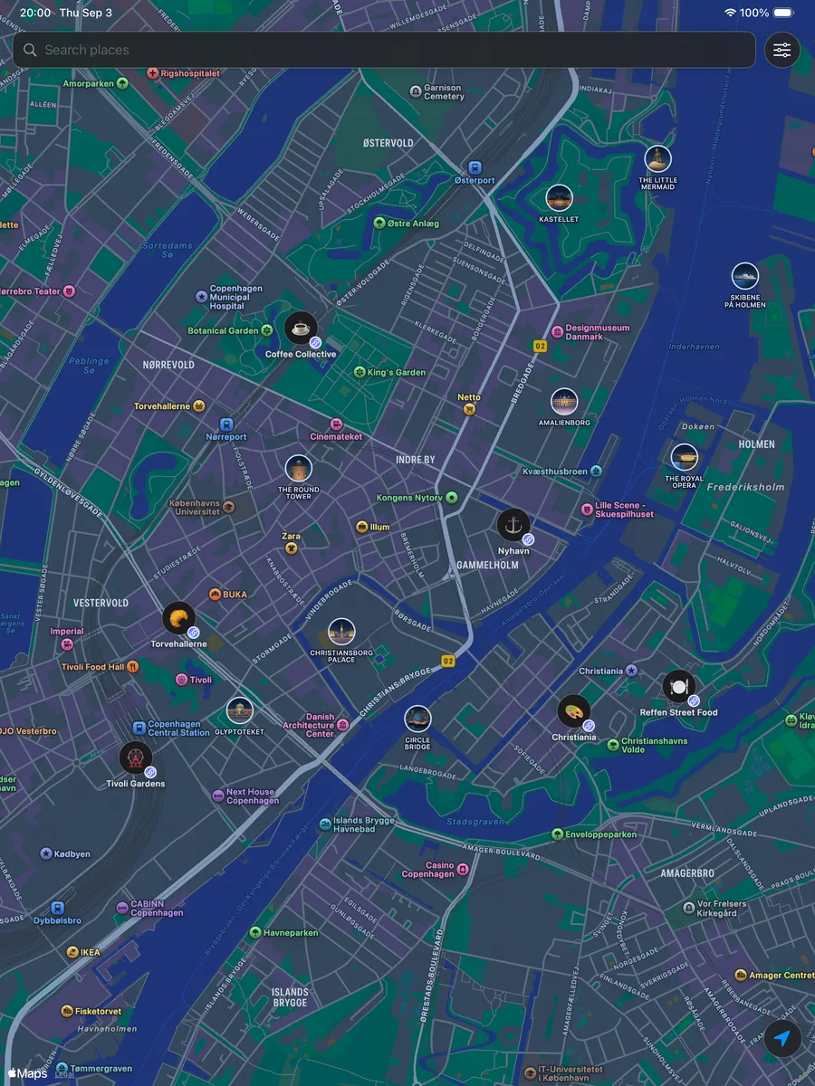 Nemo on an iPad: a map of Copenhagen with a followed map's places marked by emoji