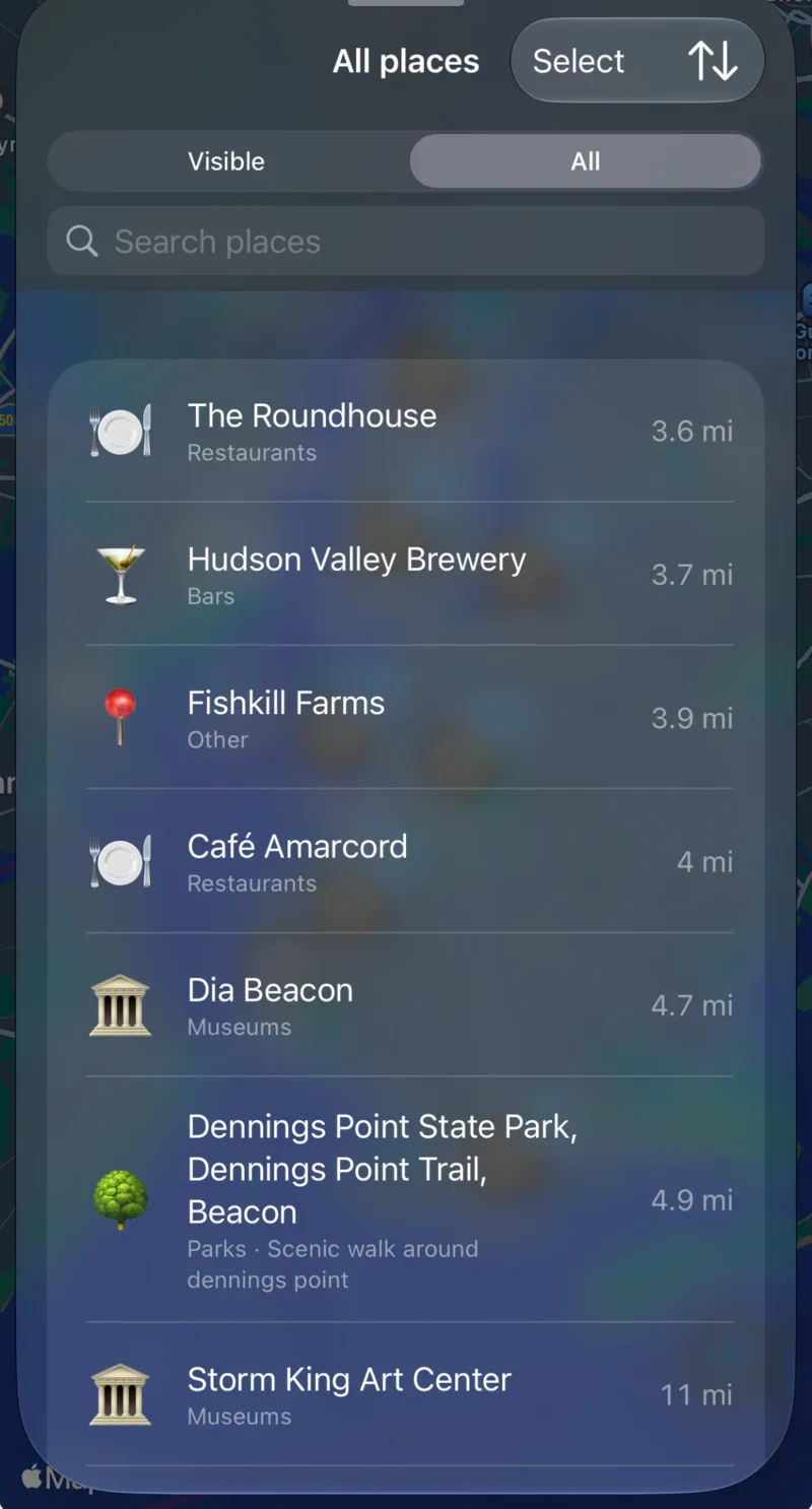 The places list over the map: Visible or All, a search field, and places such as The Roundhouse, Hudson Valley Brewery and Dia Beacon with their category and distance
