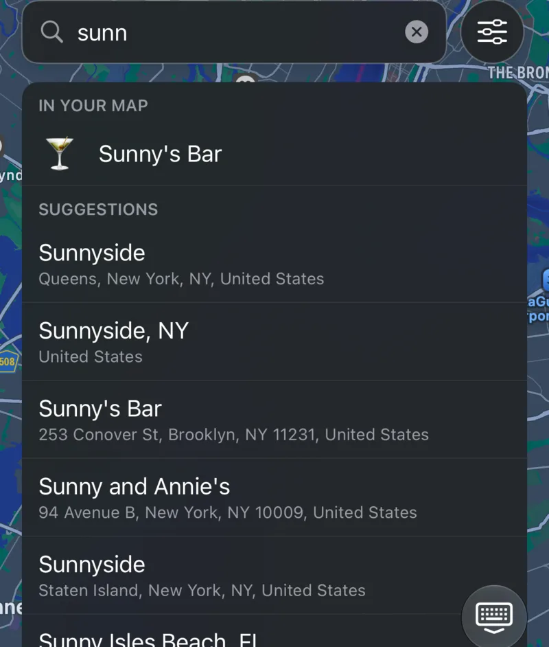 Searching for sunn: Sunny's Bar from your own map first, then suggestions such as Sunnyside, Queens and Sunny and Annie's